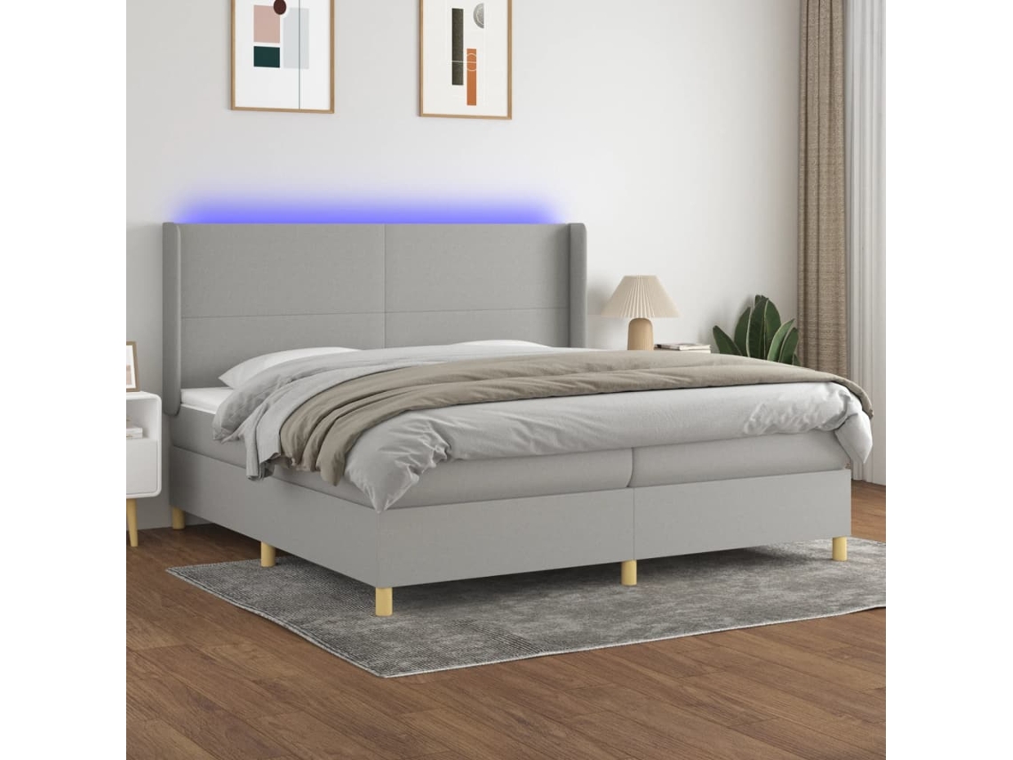 Cama Box Spring C/ Colchão E Led 200x200 Cm Tecido Cinza-claro