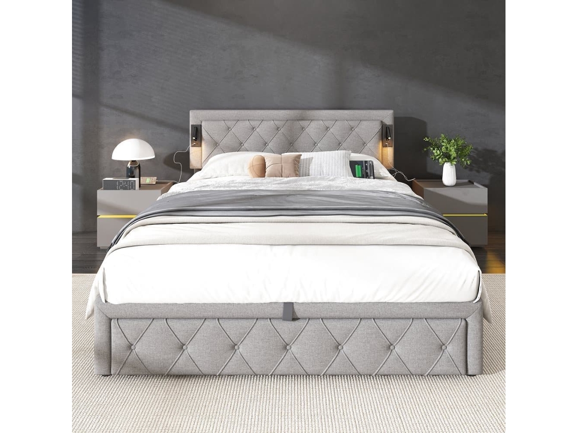 Cama Contentora Em Tecido De Linho 160x200 Cm - Com Luz De Leitura E Tomada Usb - Com Estrado - Cinzento