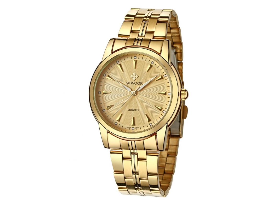Relógio de pulso masculino Wwoor Fashion com movimento de quartzo dourado