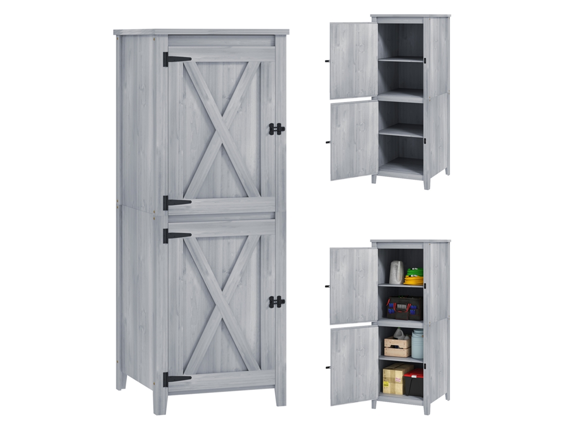 Casinha De Madeira Compacta Para Ferramentas E Equipamentos De Jardim, Com Portas Com Fechadura, Cinza Claro.
