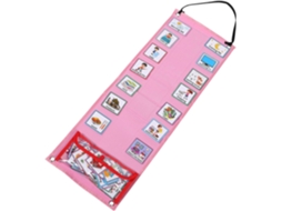 Quadro de rotina ilustrado para meninos e meninas, com bolsas de tecido e plástico e um calendário de horários.