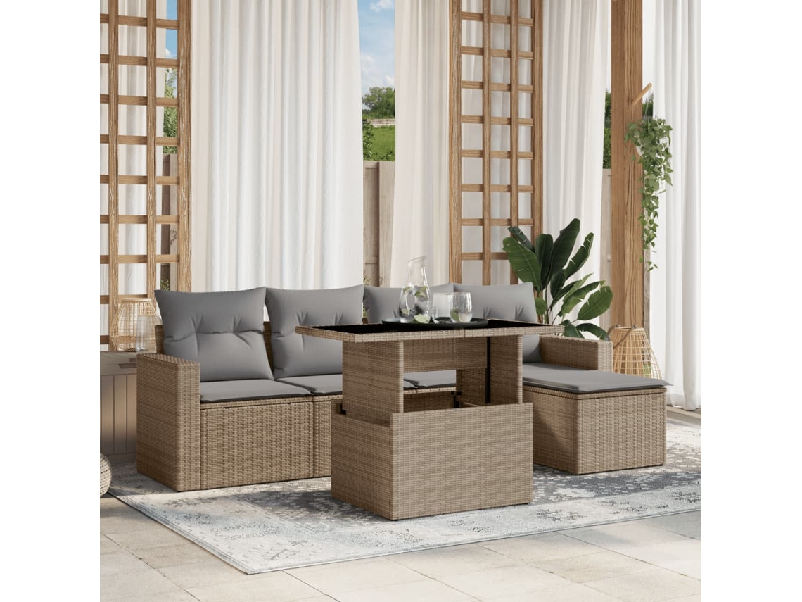 Vidaxl 6 Pcs Conjunto De Sofás P/ Jardim Com Almofadões Vime Pe Bege