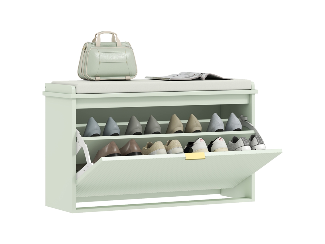 Banco Sapateira Com Assento Acolchoado Gaveta Rebatível Prateleira Ajustável Para Entrada Ou Quarto 80x26x47.5 Cm Verde Claro