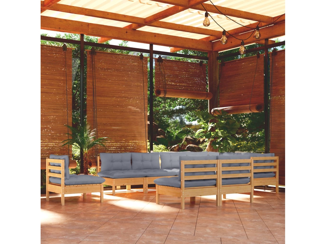 Vidaxl 10pcs Conjunto Lounge De Jardim + Almofadões Cinza Pinho Maciço