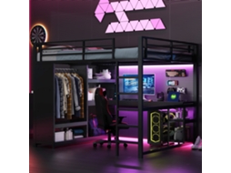 Cama Mezana De Metal Para Jogos 160x200 Com Led, Escrivaninha, Guarda-roupa Aberto E Compartimentos De Armazenamento, Preto-op