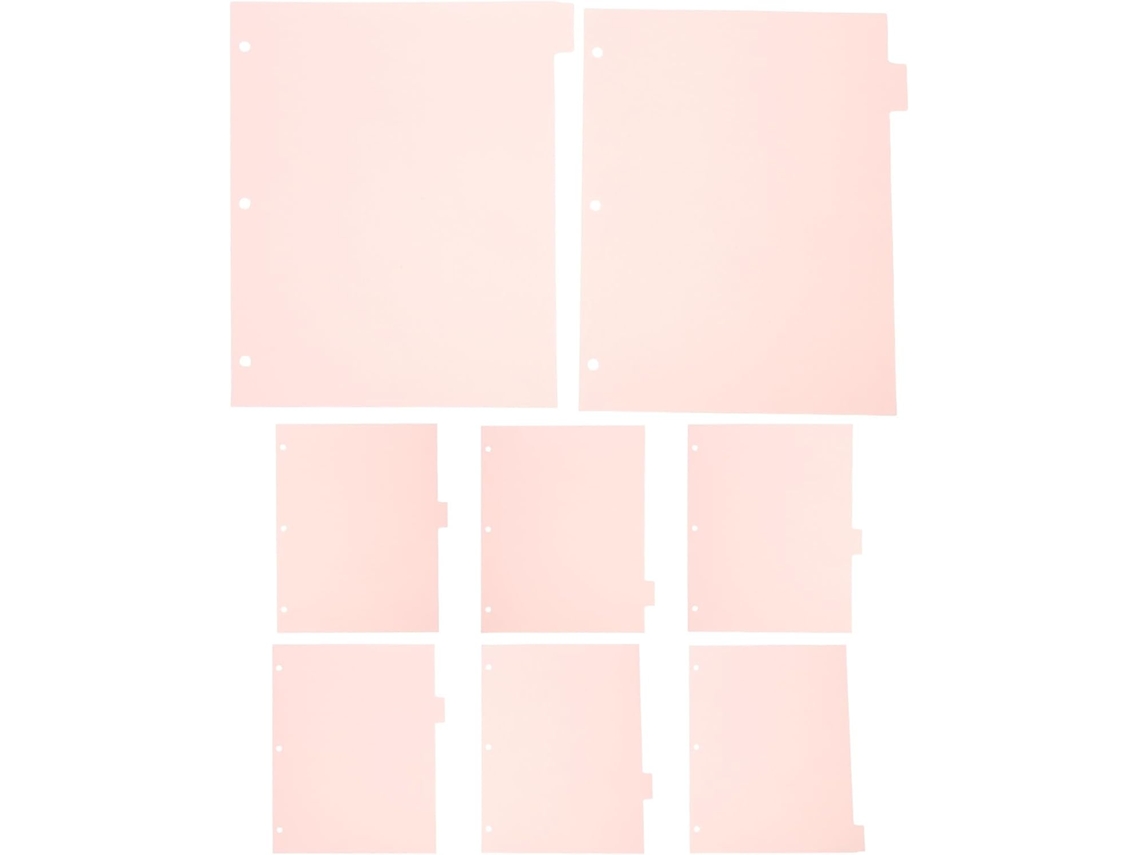 Divisórias de página em PVC rosa para pastas, com 6 argolas e 8 folhas, para organizar e dividir seções em cadernos e agendas.