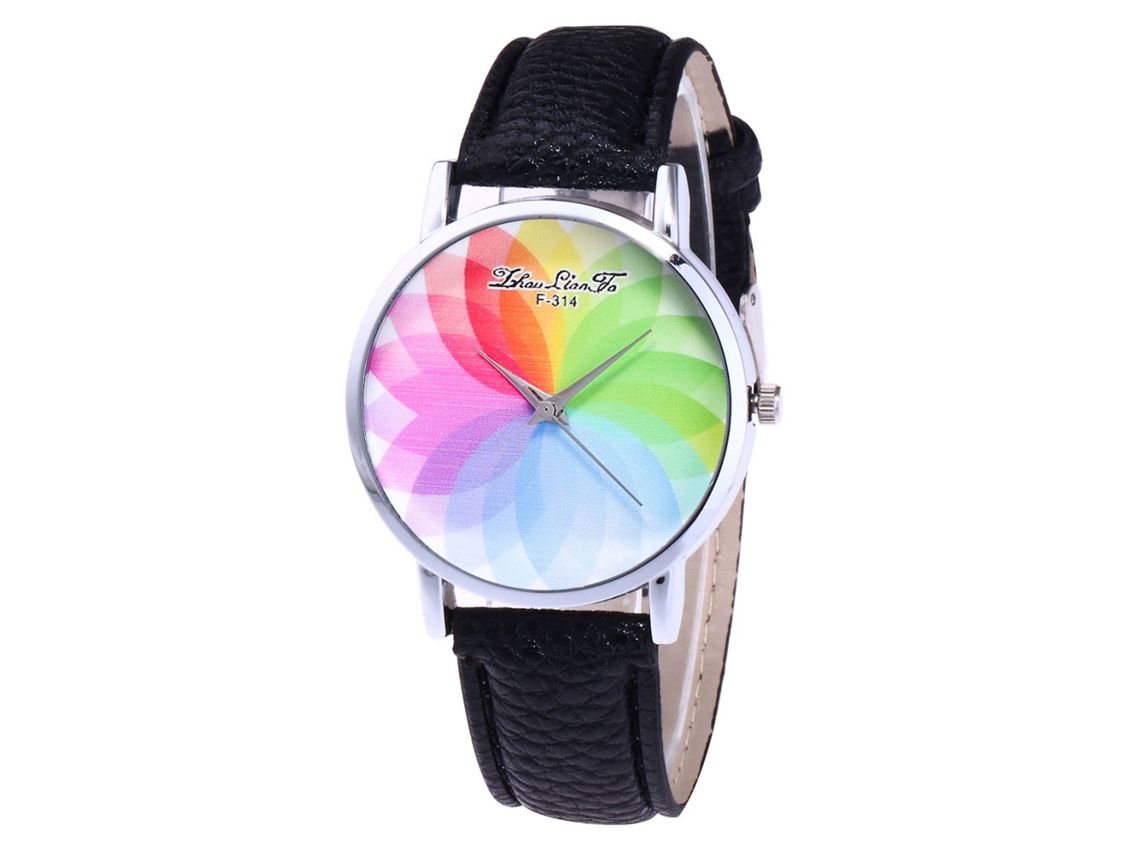 Relógio feminino com pulseira de couro, mostrador redondo moderno, movimento analógico de quartzo, preto.