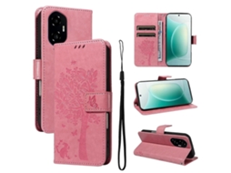 Capa De Celular De Couro Com Padrão De Árvore E Gato Em Relevo