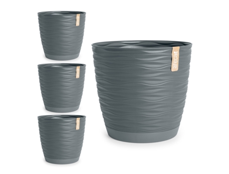 Conjunto de 4 vasos decorativos redondos de 27 cm com placas integradas. Cinza ARECA
