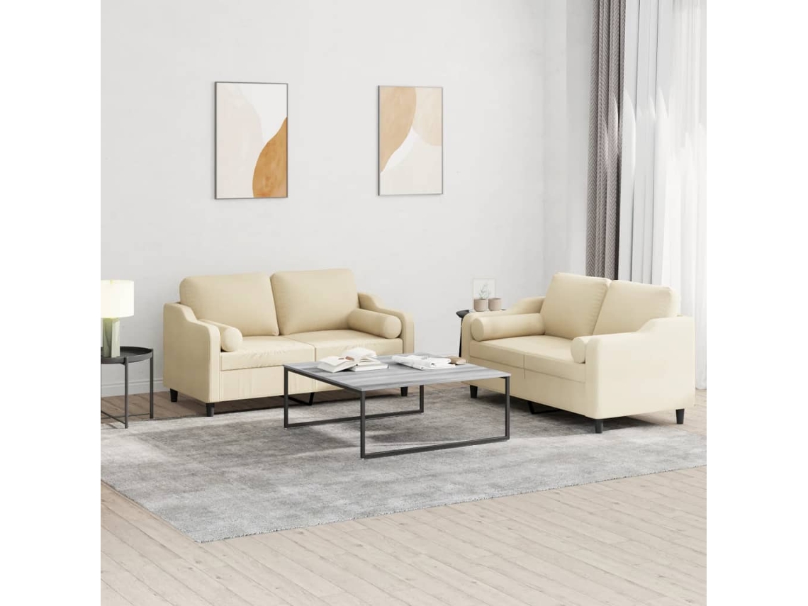 Vidaxl 2 Pcs Conjunto De Sofás Com Almofadas Tecido Cor Creme