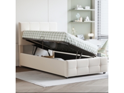 Cama infantil com arrumação, 90x200 Cm, hidráulica, estofada em veludo, cabeceira ajustável, bege VSOGA