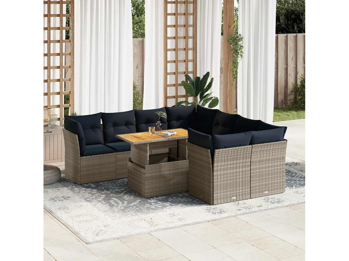 Vidaxl 9 Pcs Conjunto Sofás P/ Jardim Com Almofadões Vime Pe Cinzento
