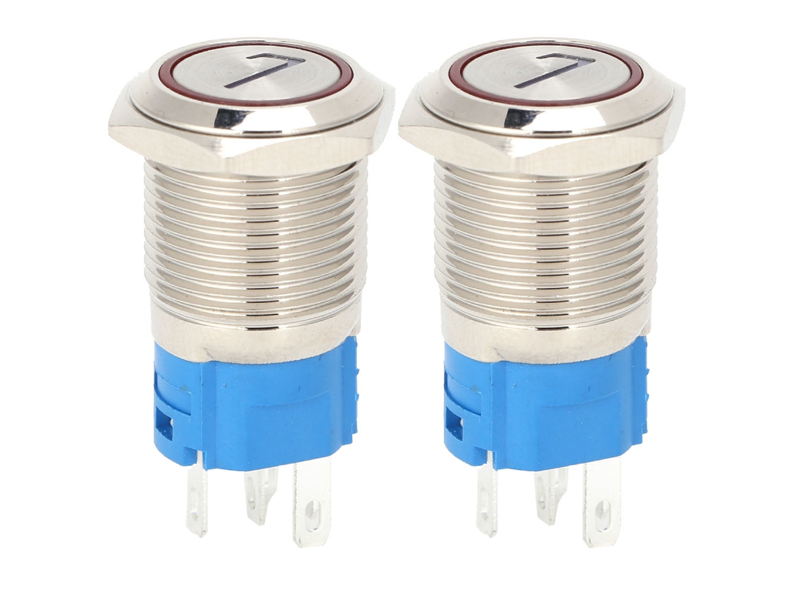 Interruptor De Botão Com Reseto Automático De Aço Inoxidável 5 Pinos 16mm Com Luz Vermelha 7-24vdc 2pcs