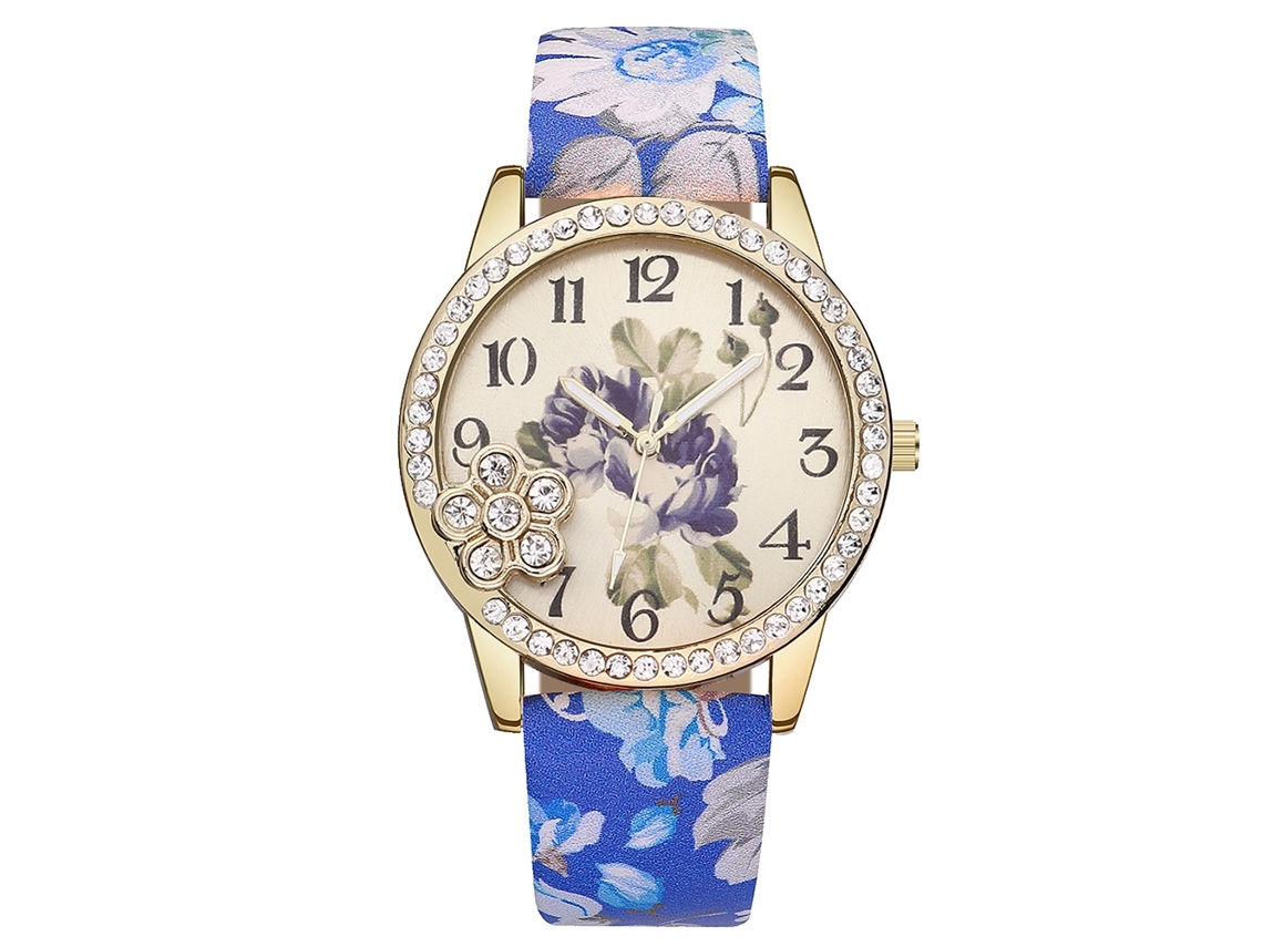 Relógio Feminino de Quartzo com Pulseira de Couro Pu Estampa Floral e Strass Azul Escuro