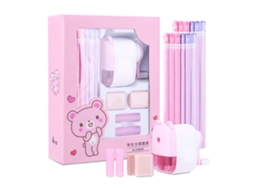 Conjunto Papelaria Estudantil Cute Lápis Afiador Borrador Rosa