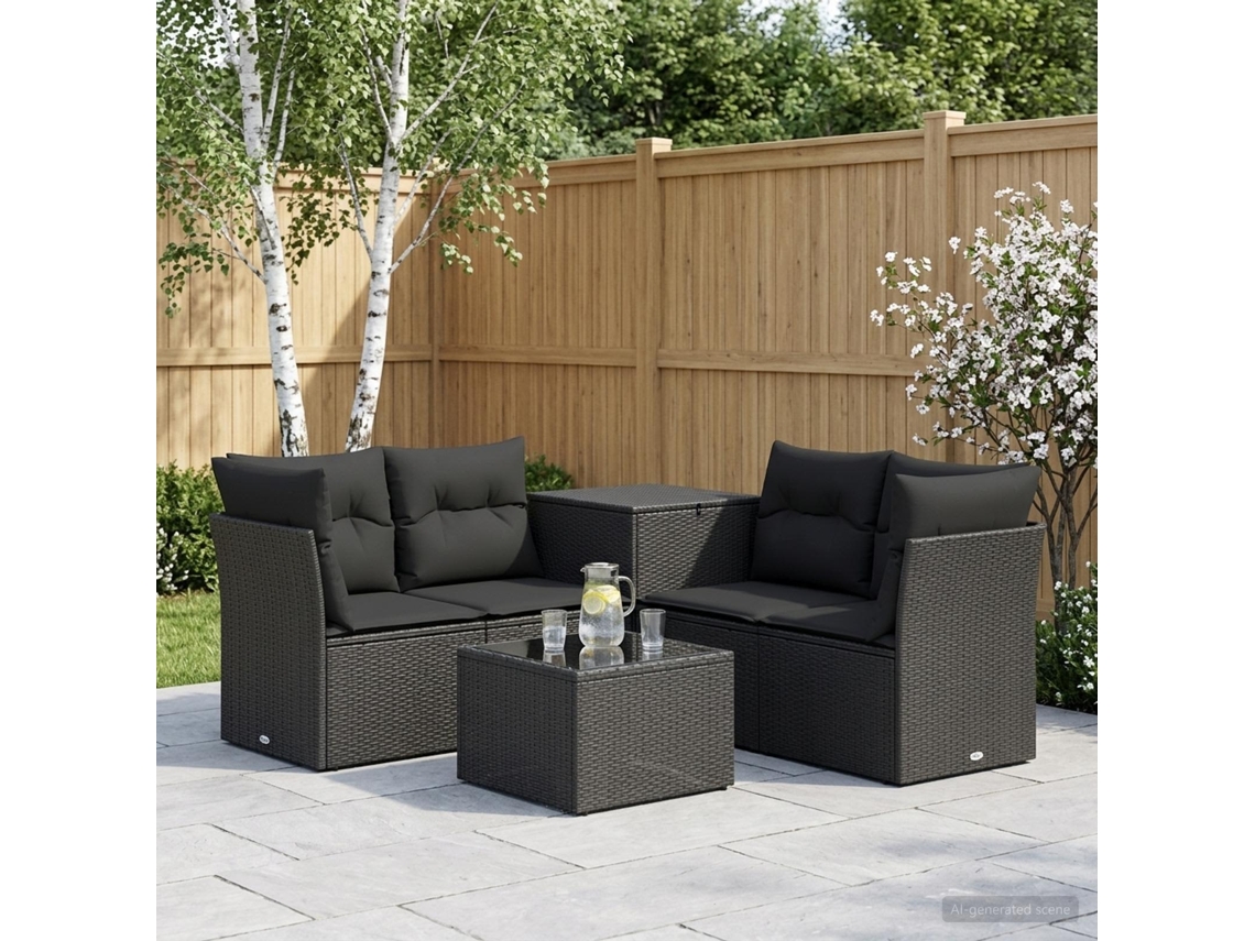 Vidaxl Conjunto De Sofás 6 Unid. Preto Rattan Poliéster E Aço