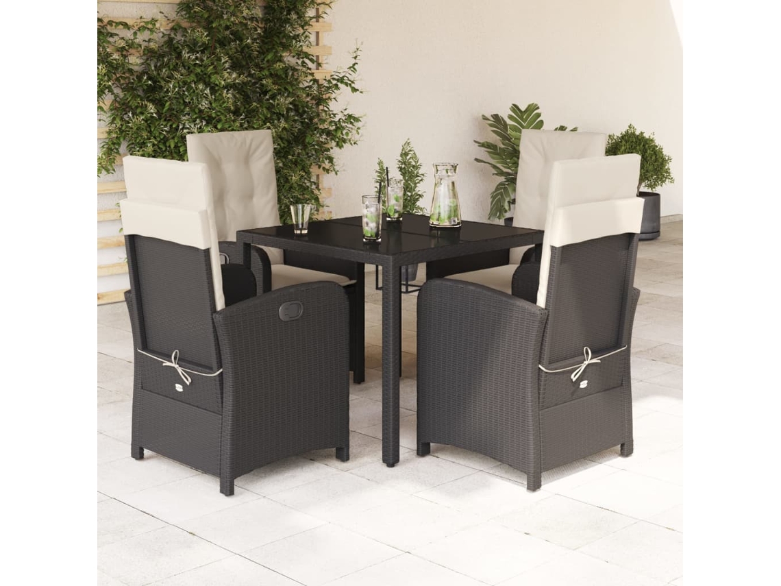 Vidaxl 5 Pcs Conjunto De Jantar P/ Jardim C/ Almofadões Vime Pe Preto