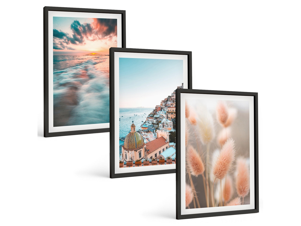 Conjunto De Pinturas Pôr Do Sol No Mar, Casas, Flores Moldura Preta Quadros Para O Escritório Espelharte (3 Piezas De 40x60 Cm)