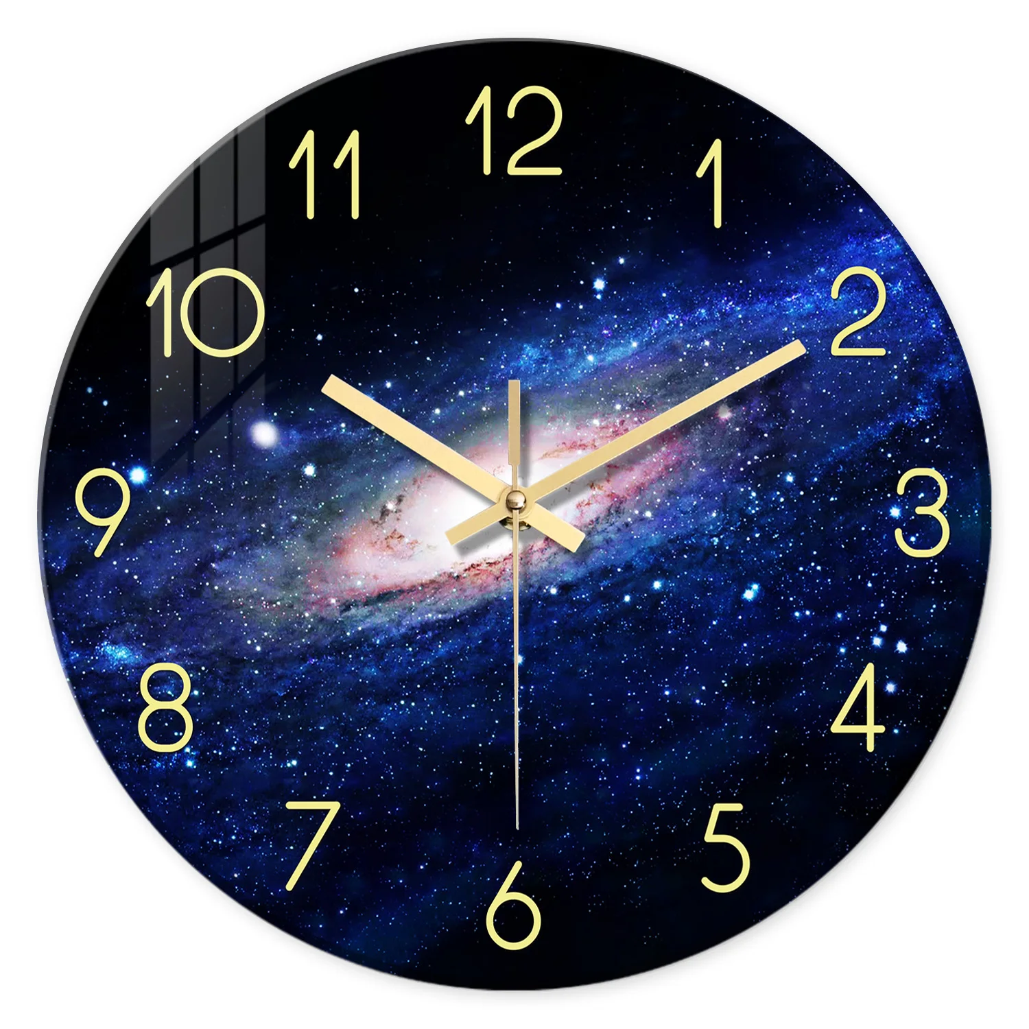 Relógio de parede em vidro temperado com bloco de notas criativo "Céu Estrelado" (14 polegadas), relógio de quartzo silencioso
