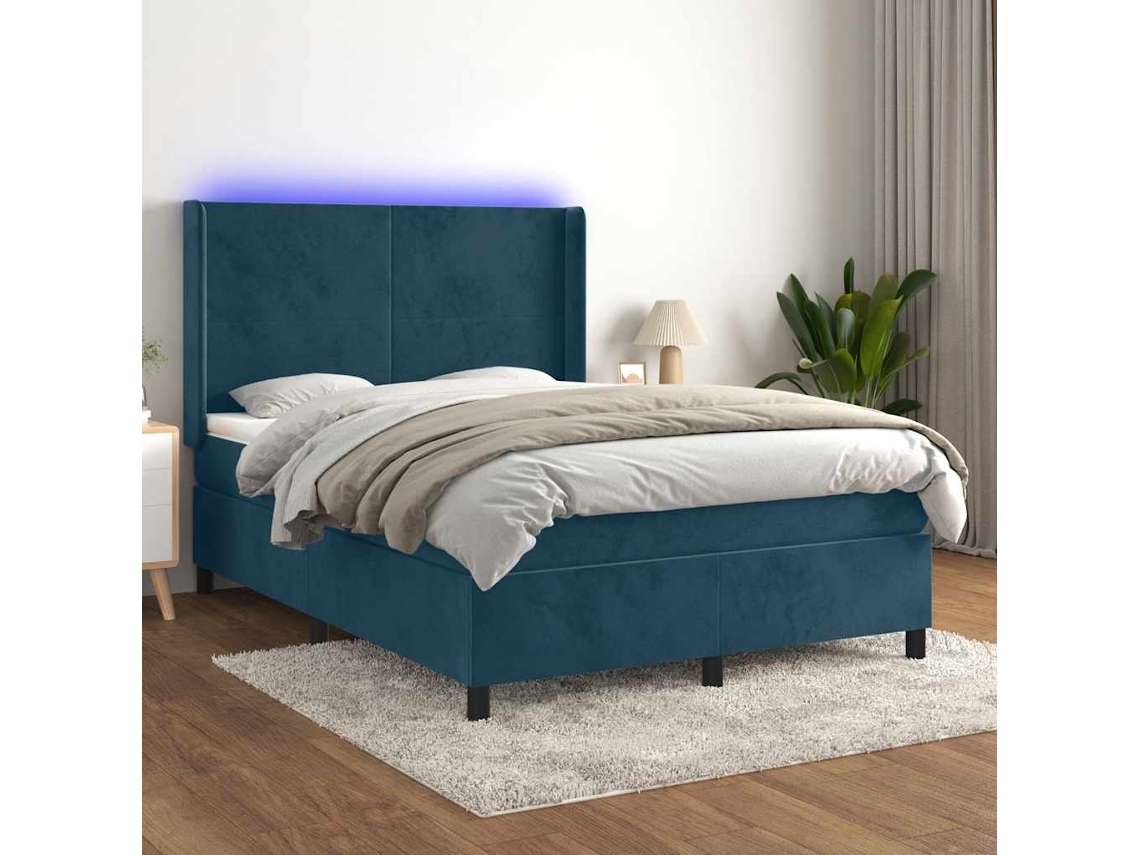 Vidaxl Cama Box Spring C/ Colchão/led 140x190 Cm Veludo Azul-escuro