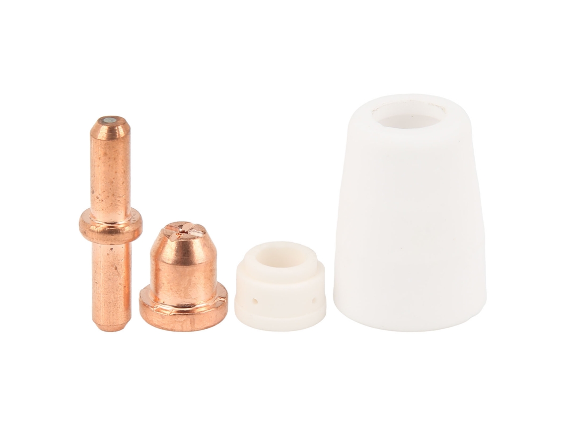 Kit de 90 peças de consumíveis para tocha de corte a plasma: eletrodos, bicos e copos de porcelana e cobre.