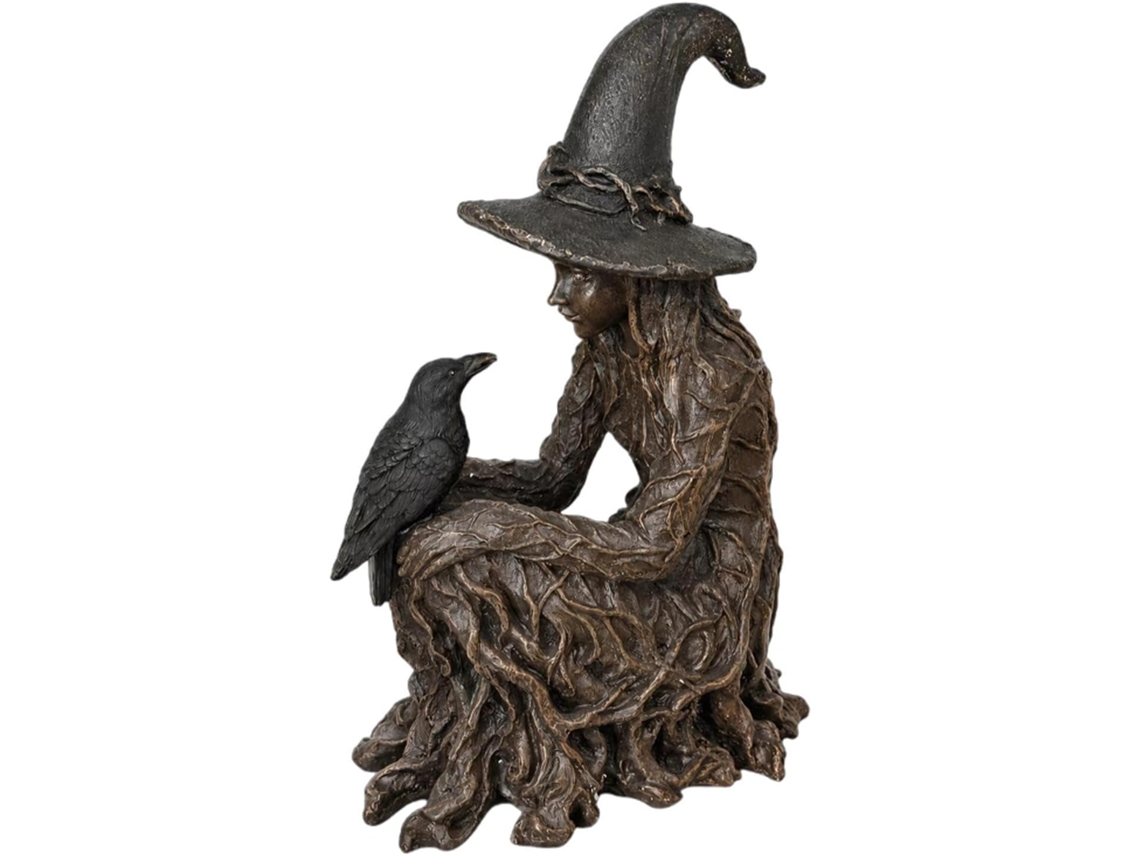 Estátua De Bruxa Gótica - Centro De Mesa Decorativo Com Corvo Assustador Em Resina |