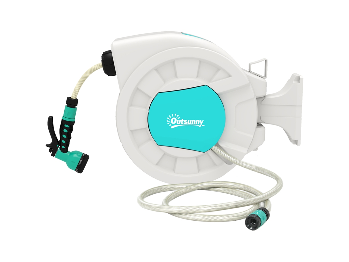 Carretel De Mangueira Para Jardim 20+2 M Com 7 Bocais Função De Bloqueio Retorno Automático E Giro De 180° Cinza Claro