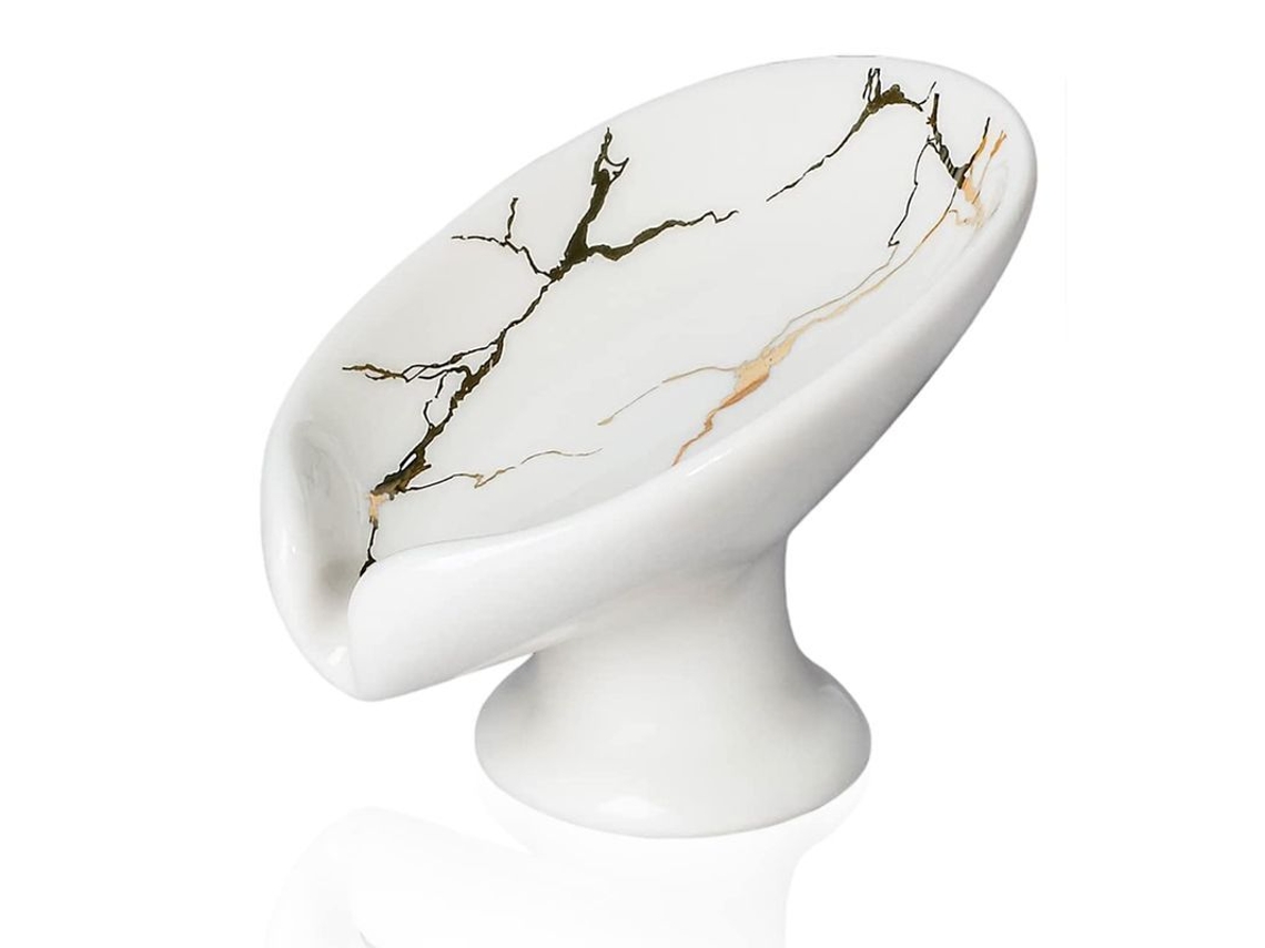 Prato de sabão em cerâmica com suporte de folha padrão mármore branco | S/MARCA