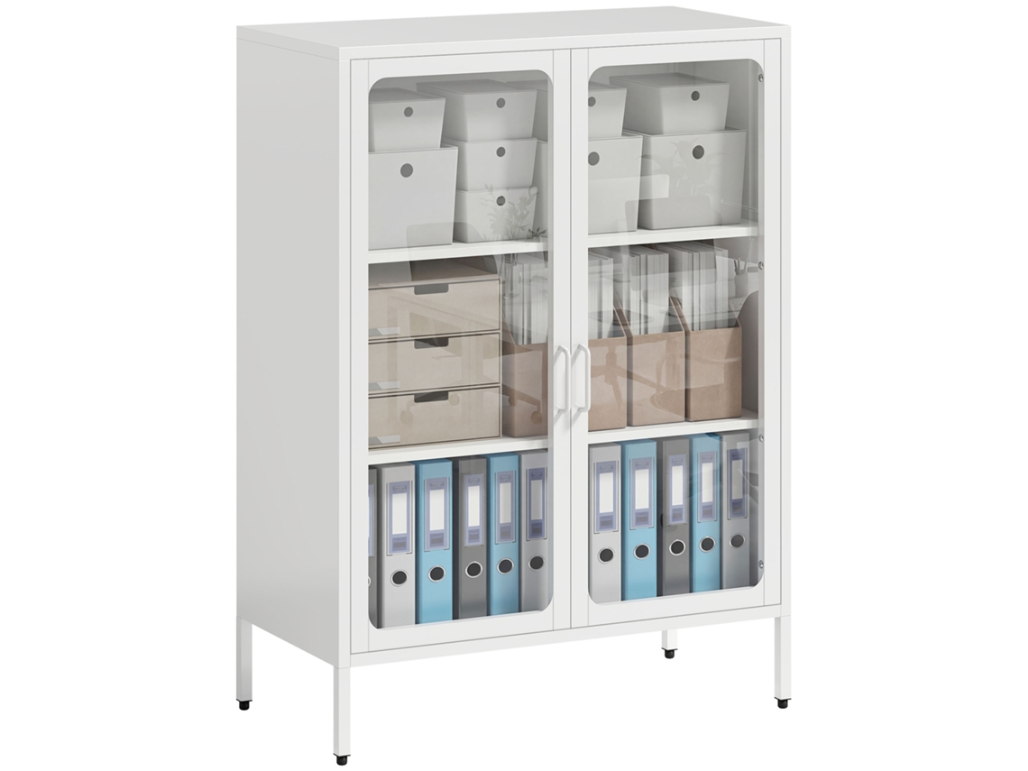 Armário de Documentos de Aço com 2 Portas de Vidro e Prateleiras Ajustáveis. 80x40x110 Cm. Branco Ge