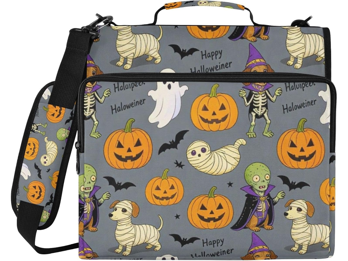 Pasta Organizadora de Documentos 3,8cm com Estampa de Dachshund, Desenho Animado Zumbi ou Halloween, com Zíper, Alça