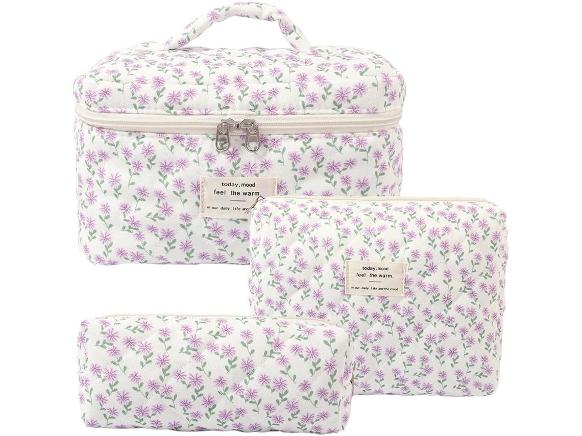 Necessaire De Algodão Acolchoado - Conjunto De 3 - Para Viagem Feminina - Com Estampa Floral