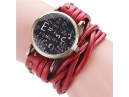 Relógio de pulso personalizado redondo em couro, estilo retrô, bronze, quartzo vermelho.