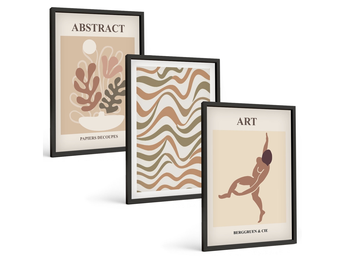 Quadros Decorativos Para Parede Padrões Boho Abstratos Matisse Moldura Preta Quadros Para O Escritório Espelharte (3 Piezas De 40x60 Cm)