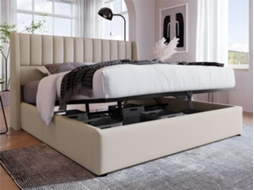 Cama Contentora Estofada Em Linho 140x200 Cm Com Estrado De Ripas - Bege