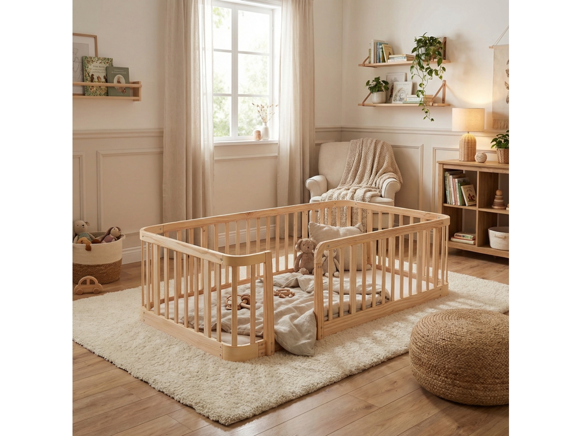 Cercado Modular Bebê Madeira 140x200 Barras 7cm Antiderrapante Portão