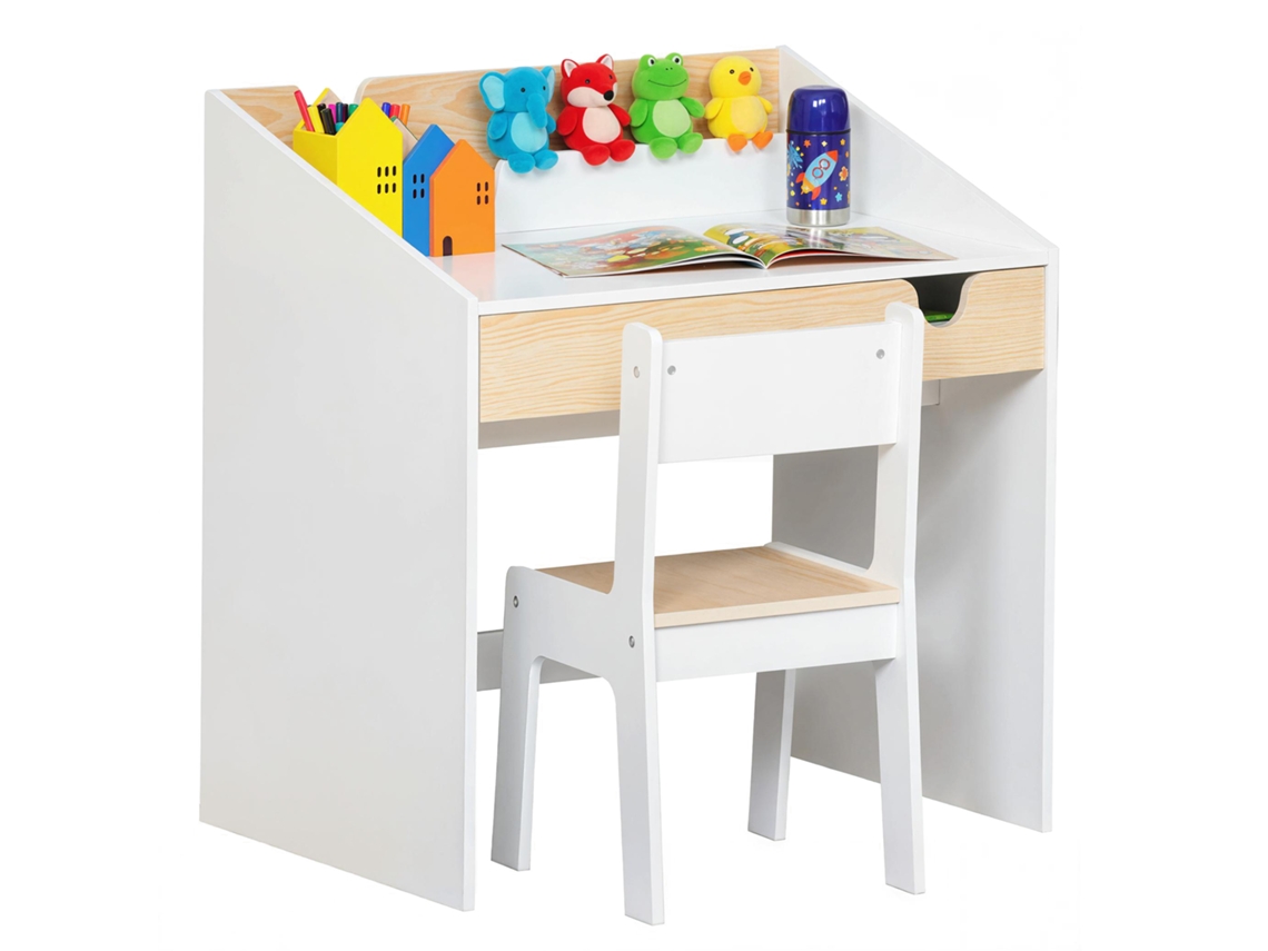 Conjunto De Mesa E Cadeira Infantil Com Gaveta E Prateleira. Bordas Arredondadas. Para Crianças De 6 A 10 Anos. Branco E Madeira.