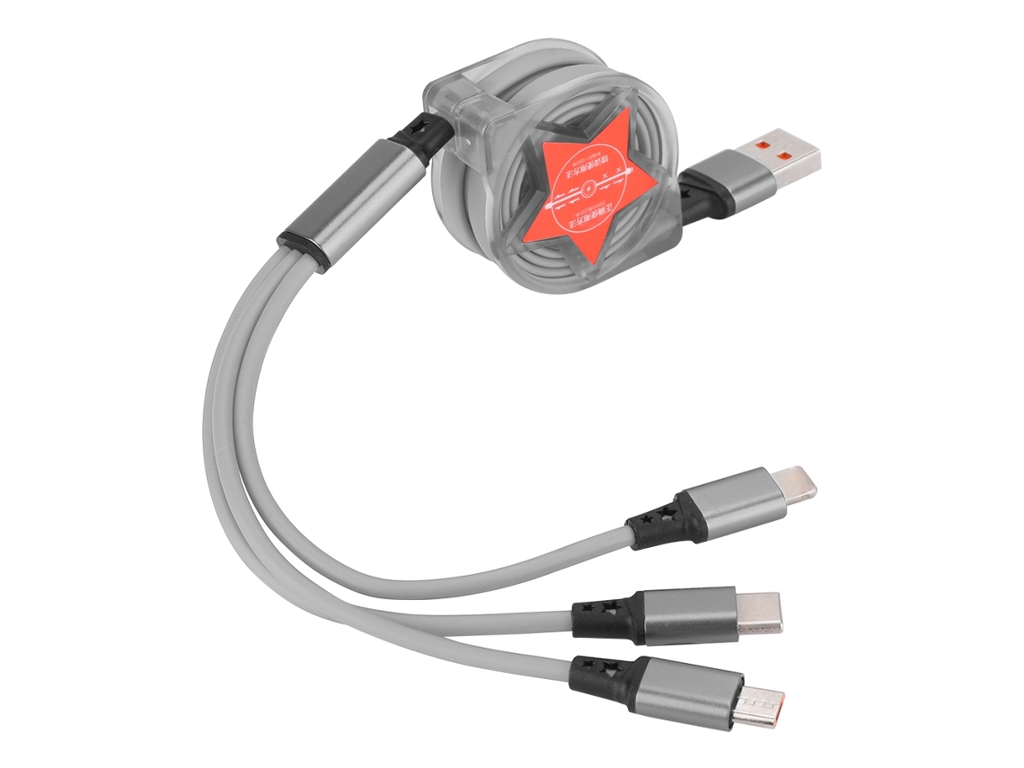 Mali cabo de Carregamento Retrátil 3 em 1 com Conectores Ios Type C Usb Port Vermelho Estrela Prata