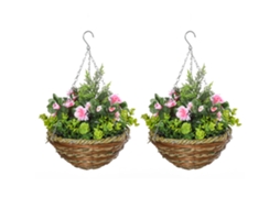 Conjunto de 2 Plantas Falsas de Lisianthus com Vaso e Gancho, Plantas Artificiais de Pe e Vime, Ø, e 25x34 Cm Verde Rosa