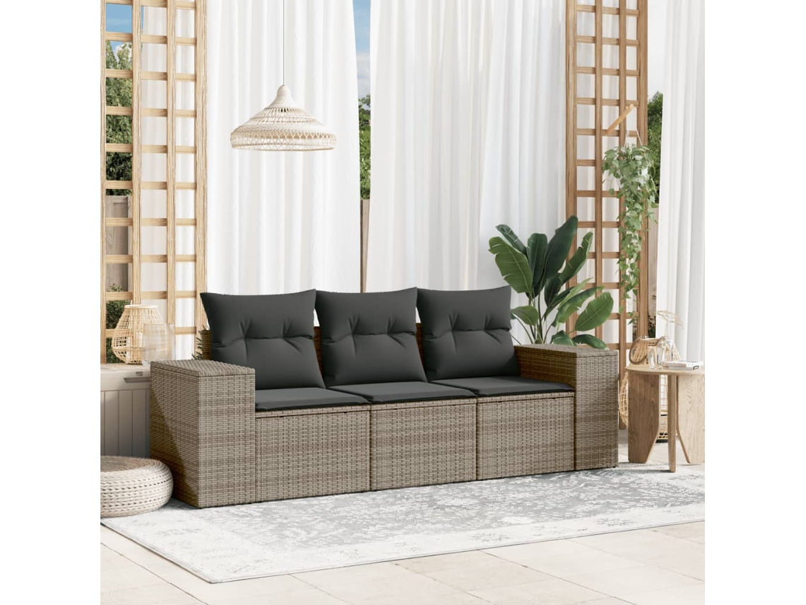 Vidaxl 3 Pcs Conjunto Sofás De Jardim C/ Almofadões Vime Pe Cinzento