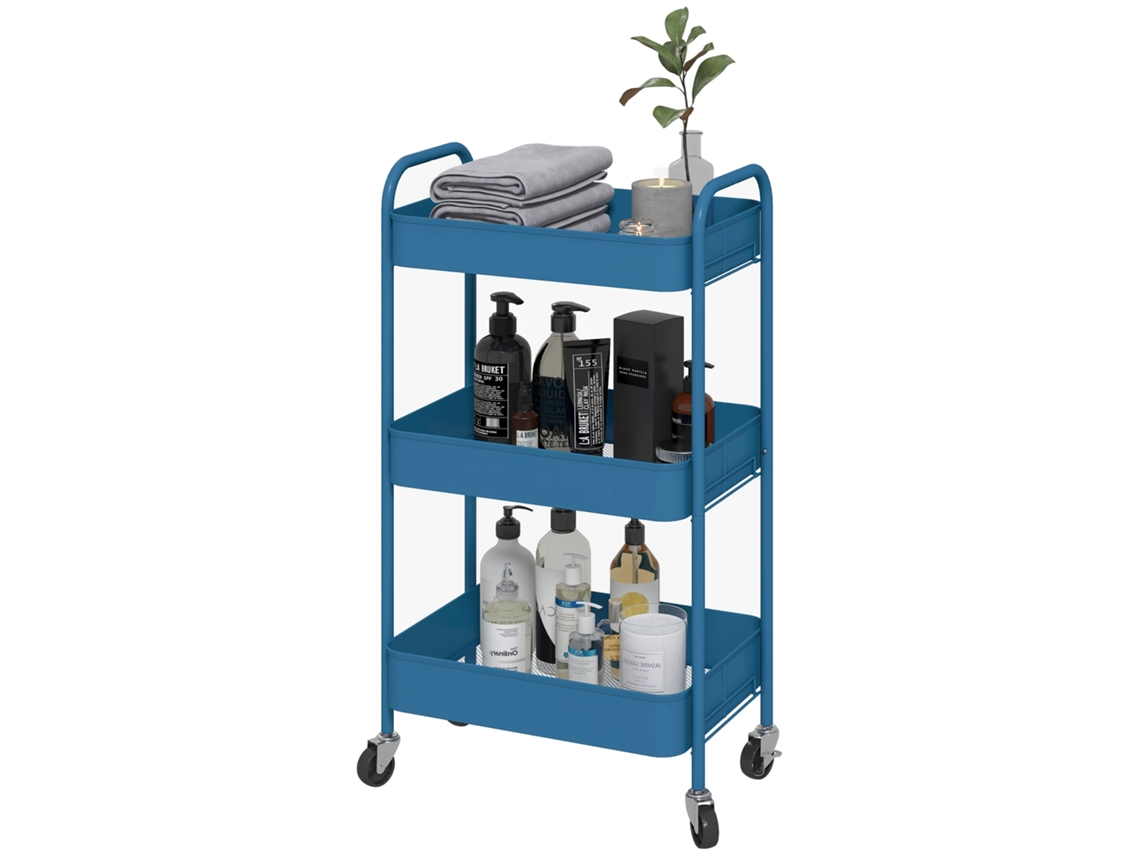 Carrinho Auxiliar De 3 Níveis Com Rodas De Armazenamento Deslizante Para Cozinha Sala 45x30.6x79 Cm Azul Escuro