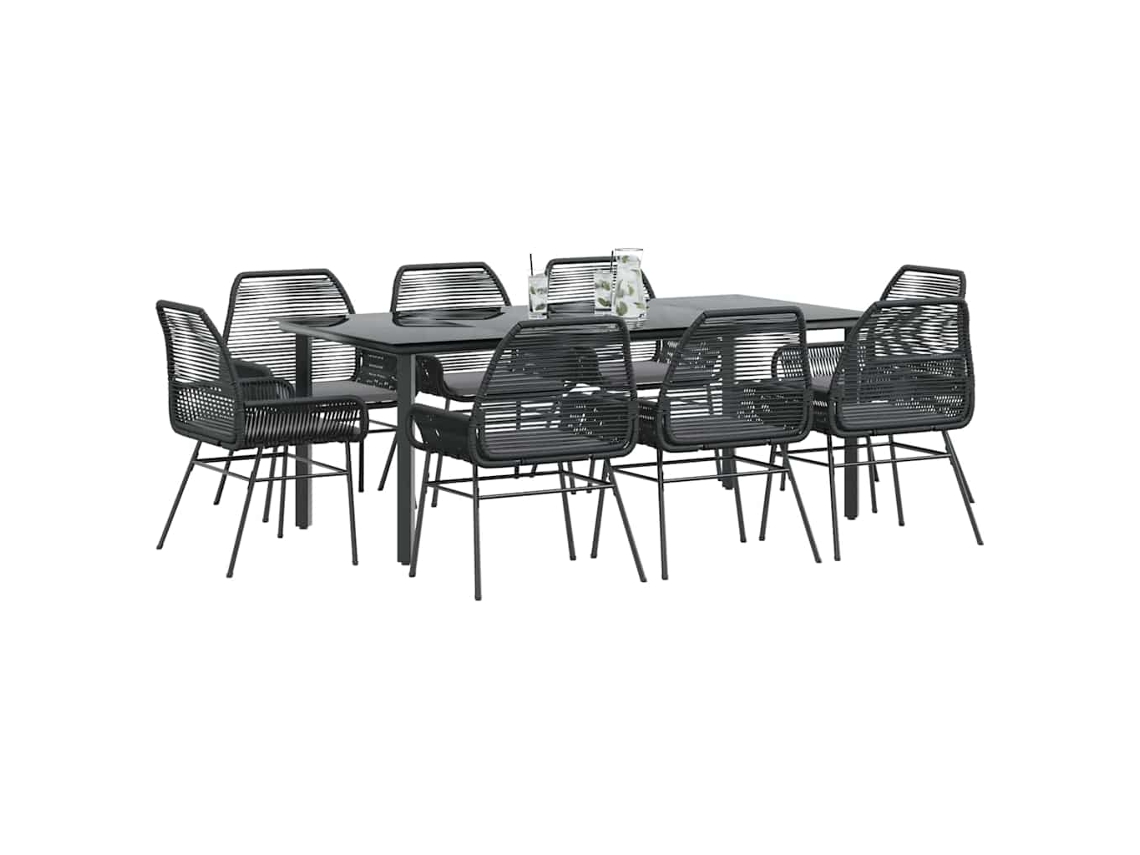 Vidaxl Conjunto De Jantar Jardim 9 Peças Almofadas Vidro Vime Pe Preto