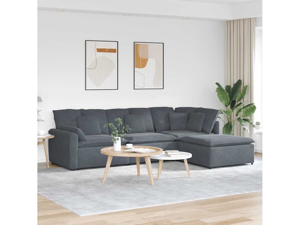 Vidaxl Sofá Modular Com Pufes E Almofadas Veludo Cinzento-escuro