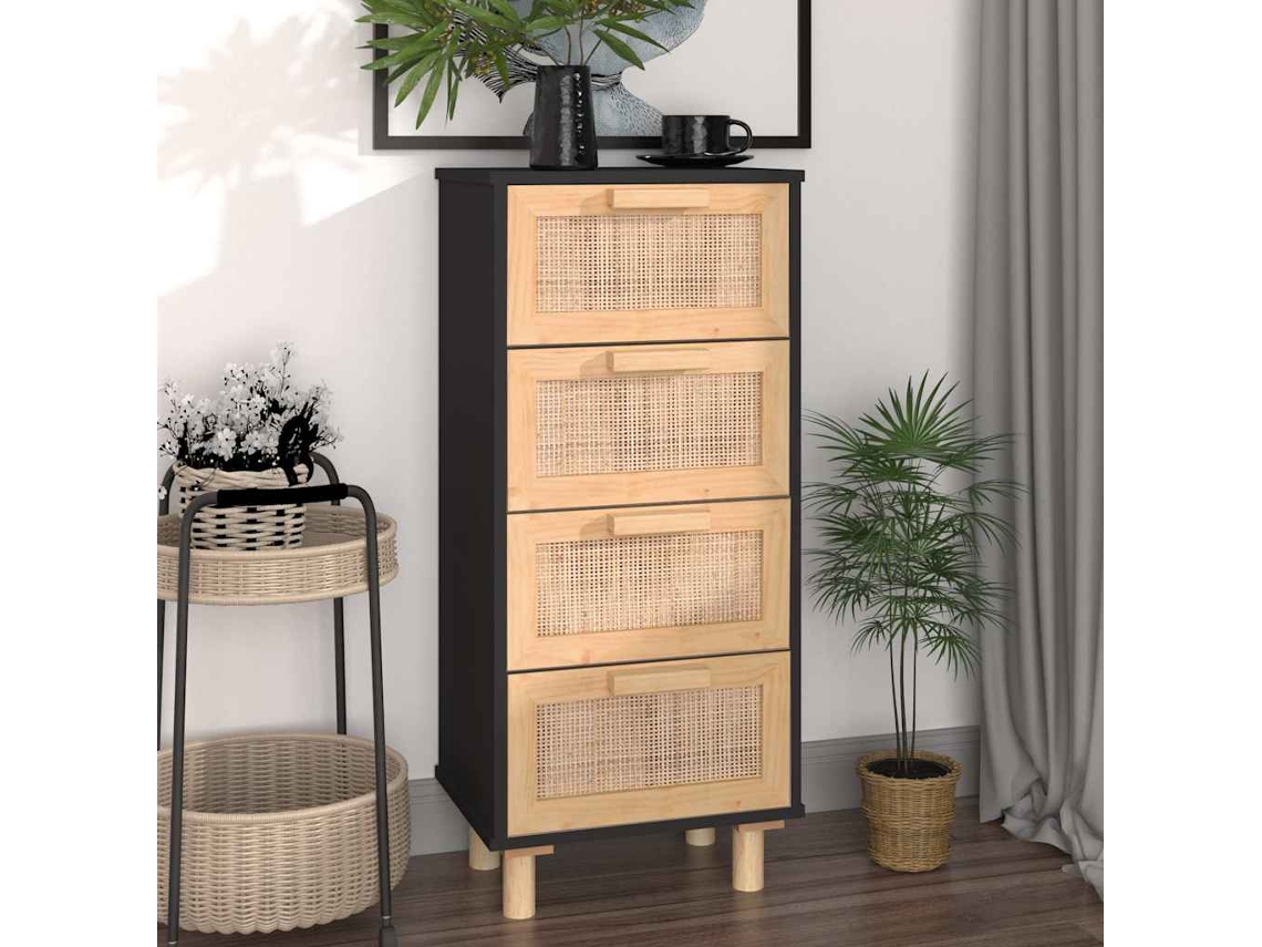 Aparador 40x30x90 cm Pino Macizo/Mimbre Natural Negro