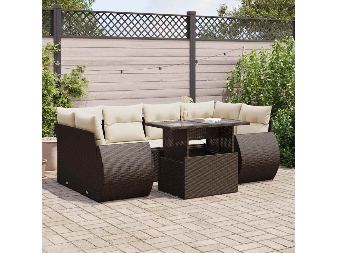 Vidaxl 7 Pcs Conjunto De Sofás Jardim C/ Almofadões Vime Pe Castanho