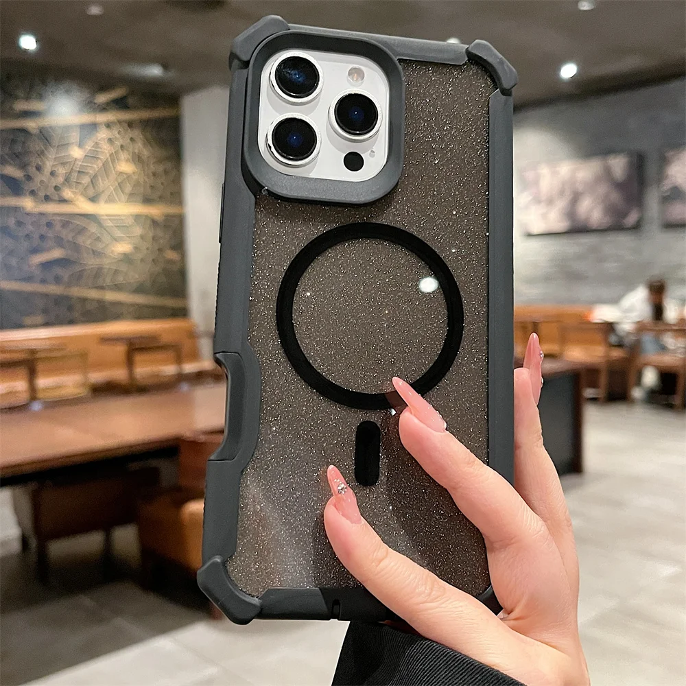 Capa Magnética Magsafe Com Glitter Para Iphone (iphone 16 Plus, Preta), Proteção Contra Quedas.