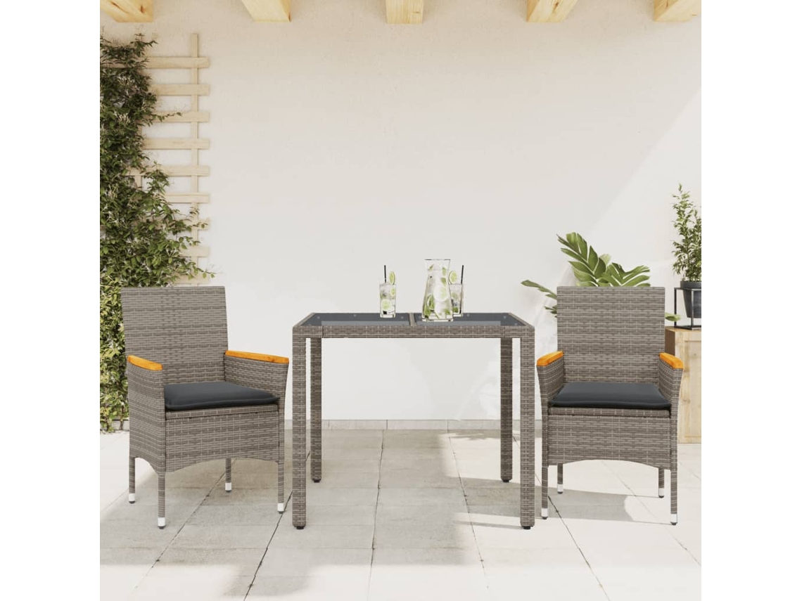 Vidaxl 3 Pcs Conjunto Jantar Jardim C/ Almofadões Vime Pe/vidro Cinza