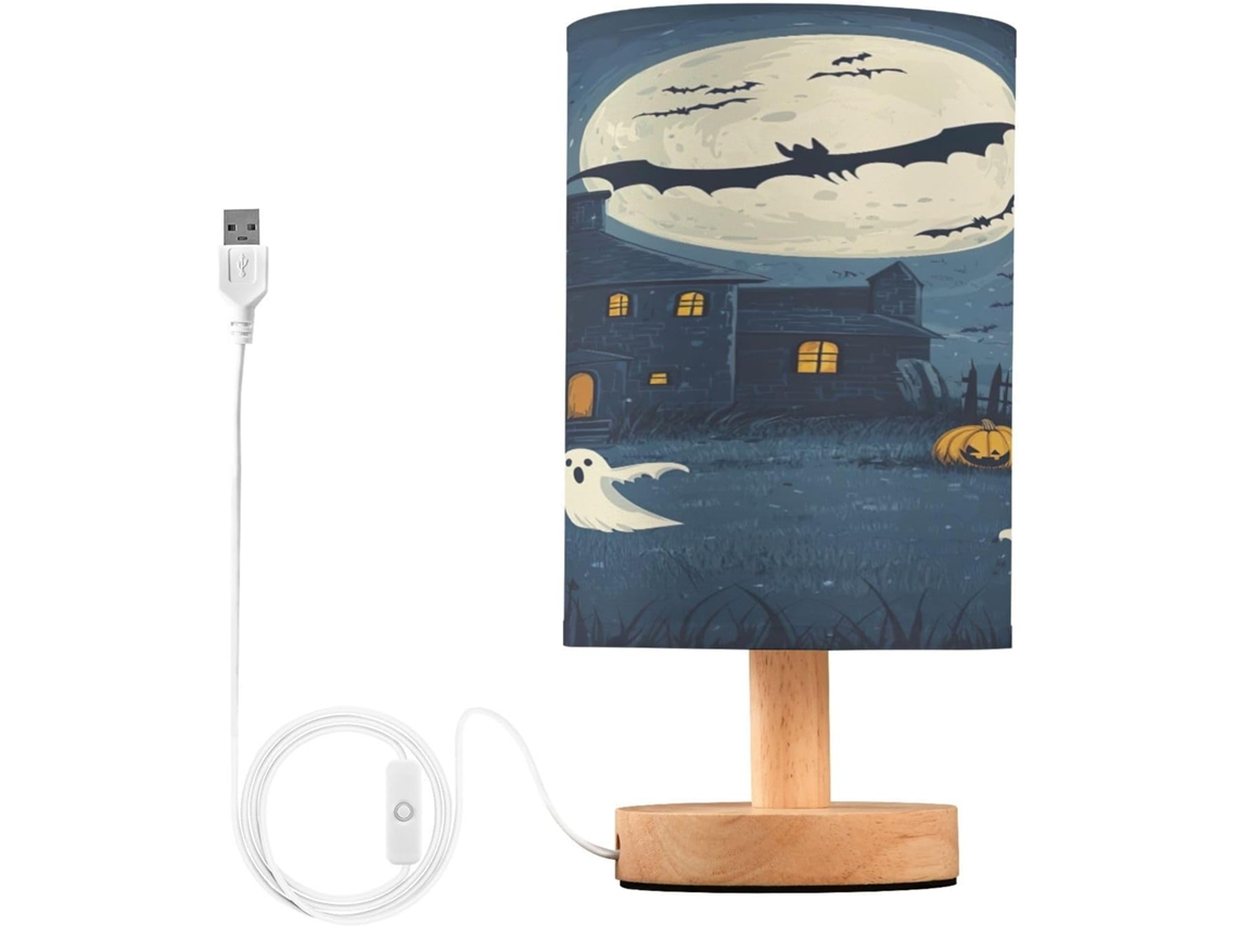 Luminária De Cabeceira Skyshu Halloween Boo Pequena Mesa Led Usb Com Base Madeira Antiderrapante E Cúpula Que Não Agride