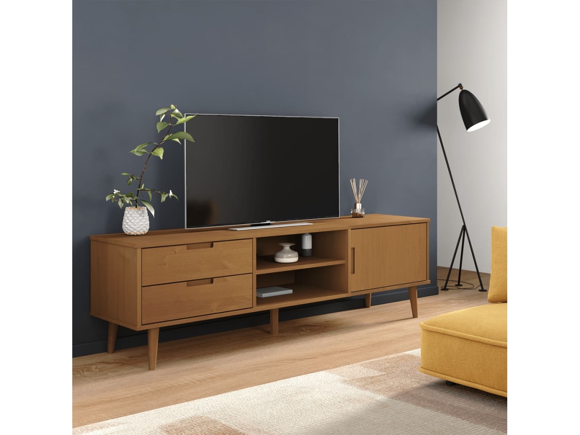 Vidaxl Móvel De Tv Molde 158x40x49 Cm Pinho Maciço Castanho