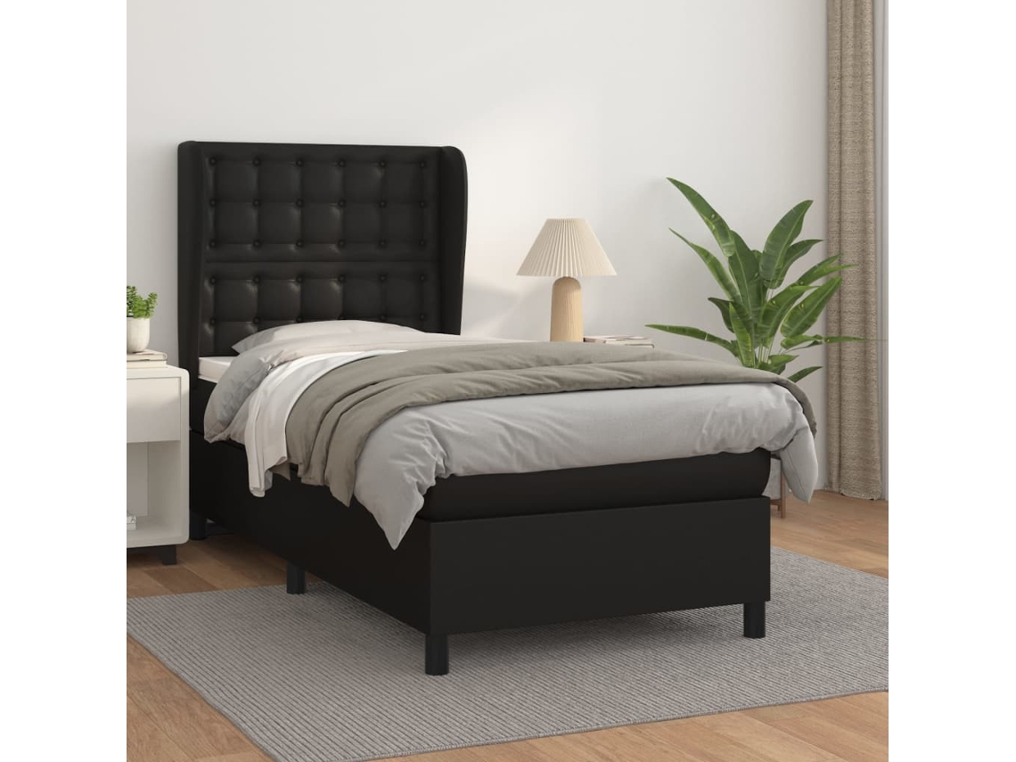 Cama Com Molas/colchão 90x190 Cm Couro Artificial Preto