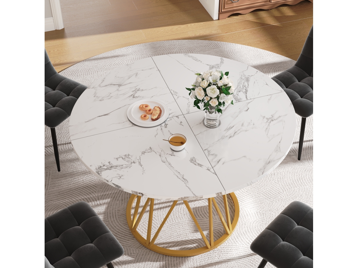 Mesa Redonda 100×100×76cm Tampo Mdf Marmorizado Pés Metálicos Elegantes Cor Dourada